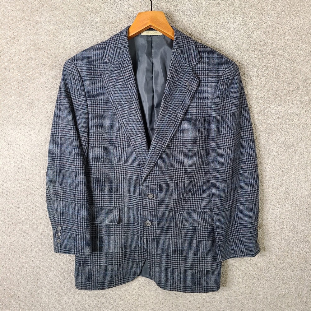 Vintage J. Riggings Jacket Mens 38R Blue Gray Plaid Blazer Wool Blend Tweed